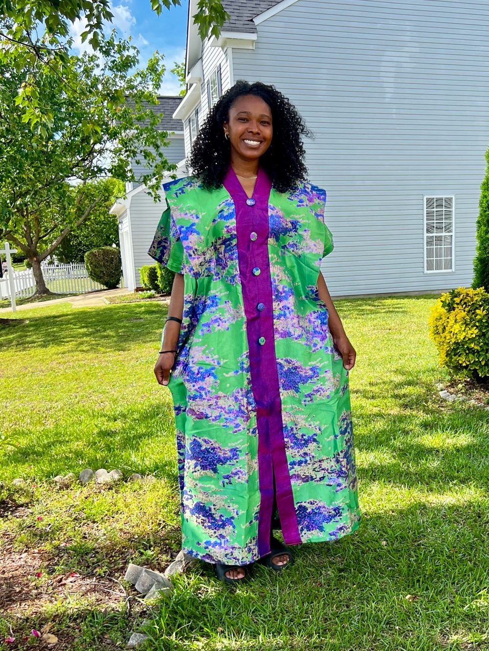 Green Damask Brocade Bubu Maxi Dress with Purple Trim  and Button-Front